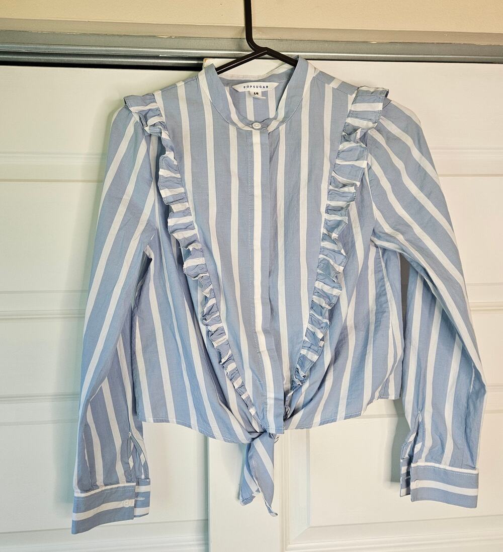 POPSUGAR Striped Ruffle Top Blouse Blue White XS Cottagecore Coquette Indie